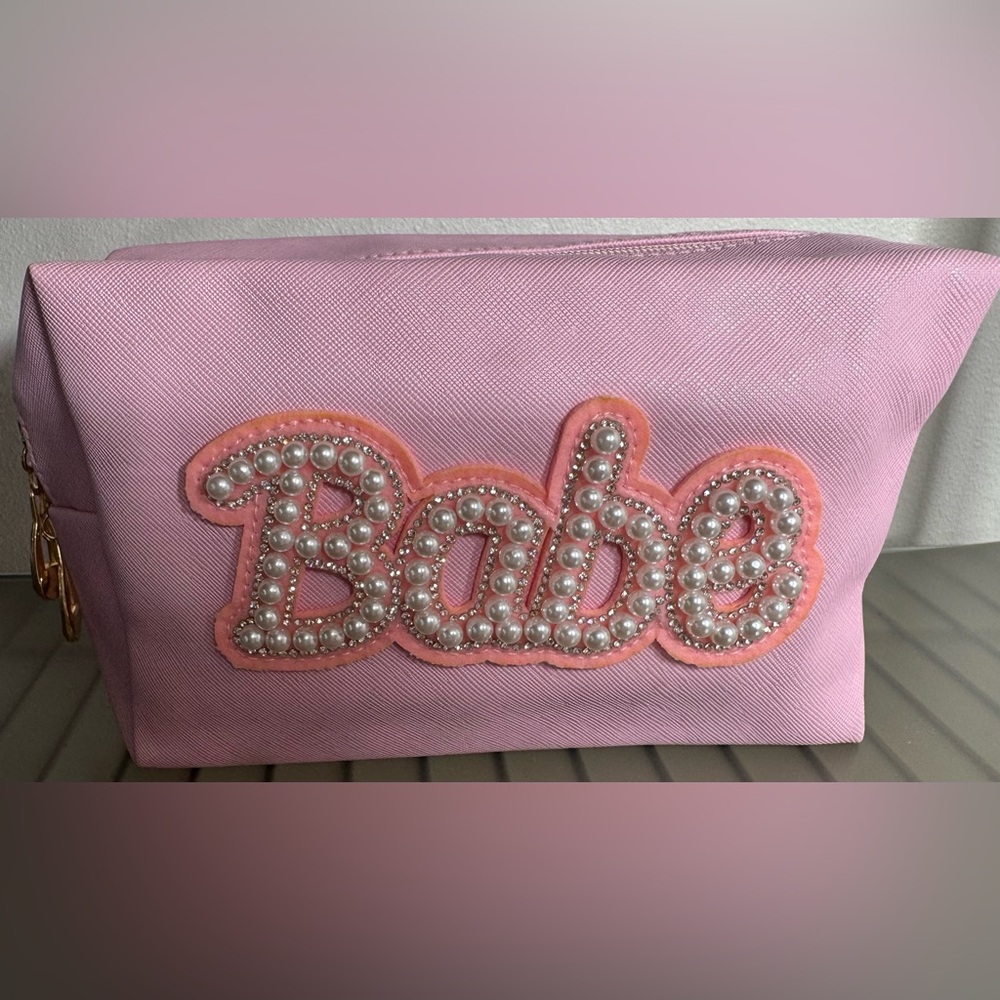 Embellished babe pearl and crystal Women's cosmetic Bag with gold accent